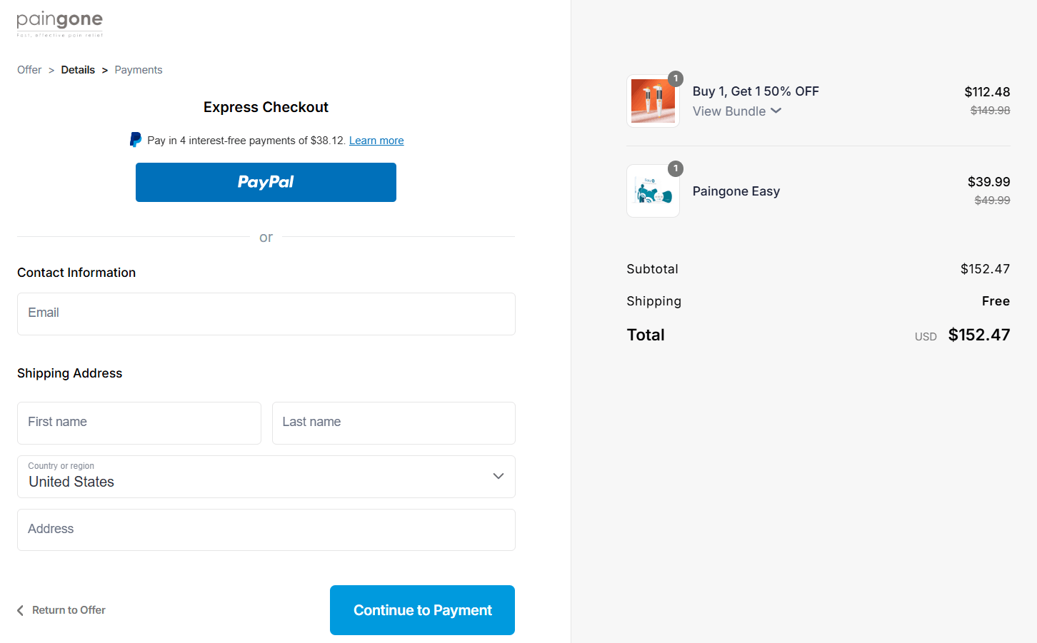 Paingone Plus checkout page